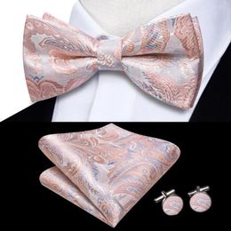 Bow Ties Hi-Tie Jacquard Paisley Pink Bowtie For Men Silk Butterfly Tie Hanky Cufflinks Wedding Party Gift Wholesale