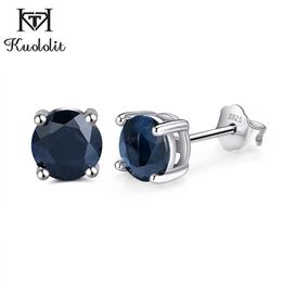 Kuololit Deep Dark Blue Natural Sapphire Gemstone Stud Earrings for Women Solid 925 Sterling Silver Round Wedding Jewelry Gift CX2280k