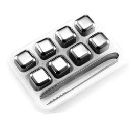 9Pcs Set Stainless Steel Whiskey Stones, Reusable Ice Cubes Chilling Stones Rocks for Wine, Beer, Beverage, ( Set of 8, Tip Tongs, Ice Ghuu
