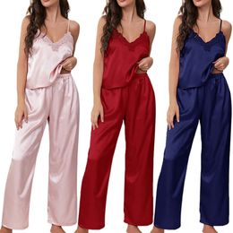 Womens Two Piece Pants lace Pyjamas solid Colour night fruit set satin underwear slide childrens room twopiece 231128