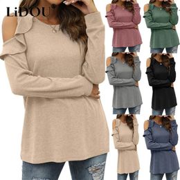 Women's T Shirts Tops Women 2023 Spring Summer Long Sleeve Round Neck Pullover Loose Solid Color Off Shoulder Office Lady Korean Style Tee