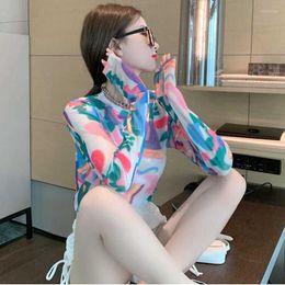 Women's T Shirts Women Sexy Harajuku Mesh Tops Long Sleeve See Through Shirt Transparent Suncreen Print T-shirt Femininas Clubwear Top E942