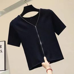 Women's T Shirts Zipper Shirt Women Knitted Crop Top 2023 Summer Korean Style Woman Clothes Black V Neck Short Sleeve Tee Femme Camisetas