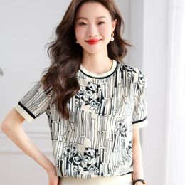 Women's Blouses Summer 2023 Fashion Elegant Youth Top Short Sleeve Silk Blouse For Women Floral Printing Shirt Office Lady Clothing Blusas