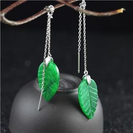Green Jade Earrings For Women 925 Sterling Silver Earrings Fashion Plant Carving Fine Long Ear Chain Leaf Gemstone Jewelry275K