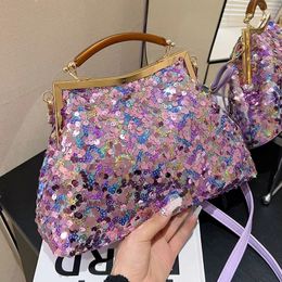 Evening Bags Fashion Women Evening Clutch Metal Glitter Sequin Purple Gold Chain Shoulder Bags Luxury Designer Wedding Prom Handbags 231129