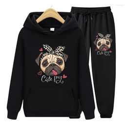 Women's Hoodies Women Pullover Long Sleeve Cute Pug Dog Print Sportswear Top And Casual Elastic Waist Pants Autumn Winter Two Pieces Set