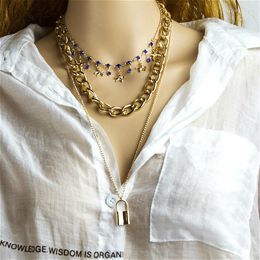 Pendant Necklaces Lover Lock Necklace For Women Gold Colour Vintage Rhinestone Star Dangle Layered Choker Chain Jewellery