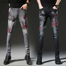 Men's Pants Mens Light Luxury Dragon Embroidery Jeans High Quality Scratched Stretch Denim Pants Slim-fit White-washed Casual Jeans; L231129