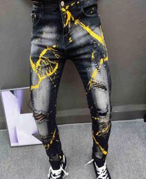 Men039s Jeans Black Gold Paint Print Men European Street S Pant Hip Hop Motorcycle Pants Denim Fashion Graphic Trendy Jean Homm6615882