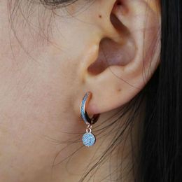 Geometric Round Dots Disco Charm Hoop Earring Rose Gold Color Blue Opal Micro Pave Blue Stone Studs Fashion Women Jewelry Gift2568