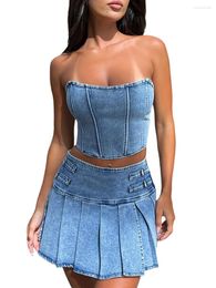 Skirts Michellecmm Women S Summer 2PCS Outfit Sets 2 Piece Mini Skirt Set Sleeveless Bandeau Tube Top And Pleated Denim