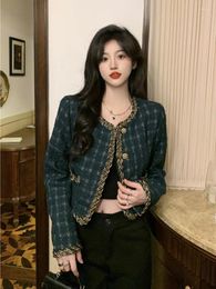 Women's Jackets Women Green Plaid Tweed Vintage Spring Autumn Korean Elegant Long Sleeve Crop Top Outwear Single Breasted Streetwear