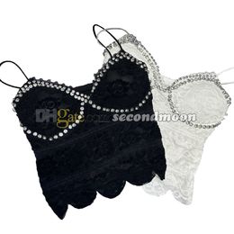 Shiny Rhinestone Vest Women Sexy Lace Top Party Sling Tops with Padded Designer Breathable Vests