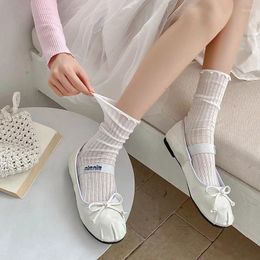 Women Socks Lolita Kawaii Cute Ruffle Summer Thin Mesh Breathable Loose Long Ballet Style Solid Colour Black White