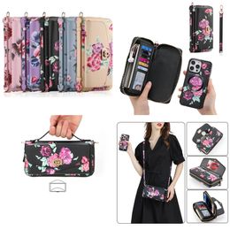 Crossbody Detachable Folio Vogue Phone Case for iPhone 14 13 12 11 Pro Max Samsung Galaxy S23 Ultra S22 Note20 RFID Blocking Flower Leather Wallet Protective Shell