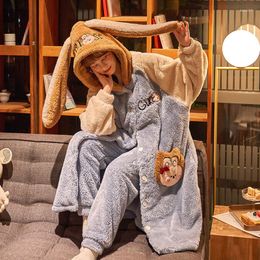 Women's Sleepwear Flannel Hooded Fleece Bathrobe Long Robe Suit Pajamas Set Bear Nightwear Winter Women Warm Thick Home Wear Nightgown