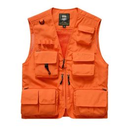 Mens Vests Plus Size S7XL Mens Outdoor Vest Hiking Fishing Hunting Orange Multipockets Waistcoat Quickdry Breathable Chaleco Tactico 231129