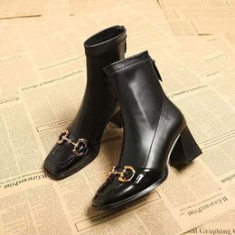 2024 Hot Winter Horsebit Ankle Boot Women's Gold-toned Square Toe White Black Leather Boots Lady Bottes Famous Party Wedding Martin Combat Booties top8