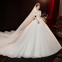 Shiny Lace Ball Dresses Dubai Arabic Short Sleeves Beaded Crystals 3D Flowers Beading Wedding Dress Corset Bridal Designer Gowns 403