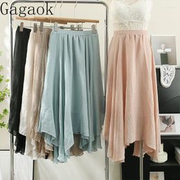 Skirts Gagaok Women Gentle Temperament Midi Fairy Style Solid Skirt 2023 Summer Irregular High Waisted Slim A-line Clothing