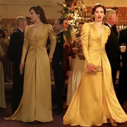 2024 Vintage Victorian Gold Evening Dresses Pleats V-Neck Puff Long Sleeves A Line Simple Formal Occasion Gowns Front Split Elegant Women Celebrity Party Dress