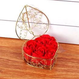 6 pieces/set rose soap flower gift box gold-plated iron basket artificial rose Valentine's Day creative wedding gift 231127