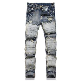 Letter Embroidery Patch Men's Jeans Retro Ripped Hole Stretch Denim Pants Spring Autumn Slim-Fit Moto & Biker Streetwear
