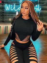 Suits BOOFEENAA Sexy Black Nightclub Winter Two Piece Outfits for Women Cut Out Long Sleeve Crop Top and Pants Matching Sets C70DZ27