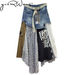 Skirts Getspring Women Long Patchwork Denim Stitching Irregular High Waist Loose Leisure Asymmetrical Pleated 230428