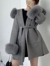 Women's Fur Faux Fur OFTBUY Oversize Ladies Outerwear 2023 Real Fur Coat Winter Jacket Women Natural Fox Fur Collar Cuffs Hood Cashmere Wool Woolen 231129