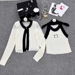 Women's Sweaters designer 2023 Autumn New Knitted Embroidered Sleeveless Round Neck Tank Top+Cardigan Shoulder Pads Slim Fit Small Fragrance Two Piece Set ZJQ1