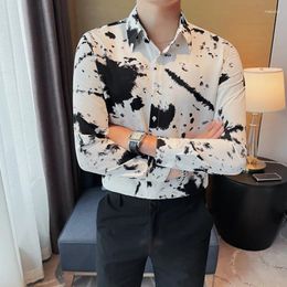 Men's Casual Shirts 2023 Spring Ink Printing Business Long Sleeve Shirts/Korean Version Male High Quality Dress Floral Shirt