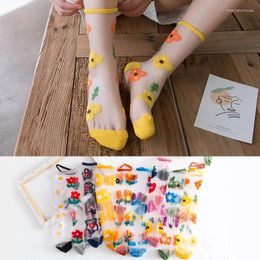 Women Socks Flower Embroidery Crystal Silk Summer Ultra-Thin Transparent Mesh Fishnet Lace Harajuku Retro Crew