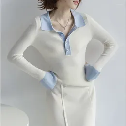 Women's Blouses Contrast Polo Neck Knit Shirt With Spring And Autumn Lining Top Stylish Sweater As A Base