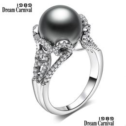 Cluster Rings Cluster Rings Dreamcarnival1989 Brand Grey Big Synthetic Pearl With White Cubic Zirconia Flower Bague Luxury Party For W Dha7W