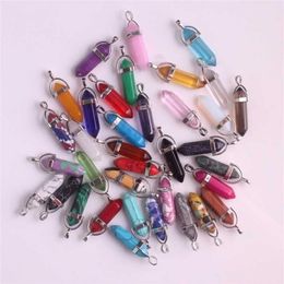 24pcs lot Healing Point Chakra Pendants Hexagonal Quartz Crystals Bullet Shape Stone DIY Pendulum Beads For Jewellery Making 20357l