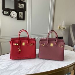 Lady hbirkins Classic Litchi Bags Bag Grain Tote Leather Handbag Pure Red Large Capacity Women's Fashion First Layer Cowhide