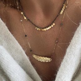 Pendant Necklaces Exquisite Stainless Steel Feather Necklace Pyrite Beaded Choker Bohemian Handmade Jewellery For Her