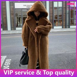 Women's Wool Blends Top Quality Max Coat Teddy Hooded Women's Coats and Jackets Winter Fur Long Hooded Teddy CoatWool Coat WomenWinter Coat 231129