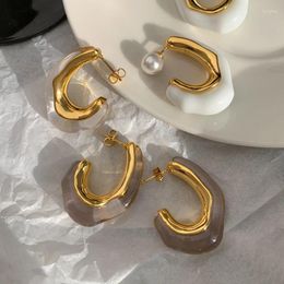Hoop Earrings Irregular Resin White High-class Temperament Celebrity Luxury Trendy 18K Stainless Steel Gold Plated