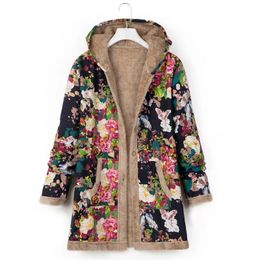 Womens Jackets For Women Printed Hooded Long Sleeve Coat Oversized Vintage Autumn Winter Warm Plush Jacket Casual Ladies Clothes 231129