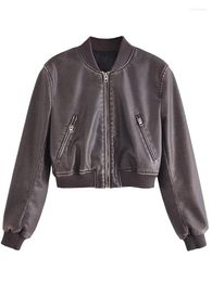 Women's Jackets YENKYE 2023 Women Faux Leather Cropped Bomber Jacket Vintage Long Sleeve Zipper Female Outerwear