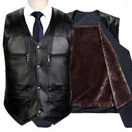 Men's Vests Men Warm Waistcoat Stylish Mid-aged Faux Leather V Neck Vest With Plush Lining Multiple Pockets Windproof Design For Fall