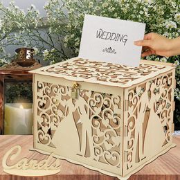 Party Decoration DIY Wedding Card Boxes Mr & Mrs Couple Wooden Money Box Case With Lock Hollow Floral Pattern Gift Birthday Supplies