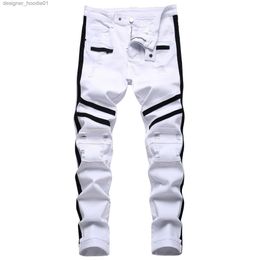 Men's Jeans Punk Jeans Men Zipper Hip Hop Slim Fit White Bike Jeans Elastic Split Denim Pants Cotton Fashion Casual Jogging Clothing L231129