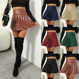 Skirts Sexy PU Leather Mini skirt High Waist Pleated Latex ALine Circle Skirt Rave Dance Bottoms Clubwear Female 230428