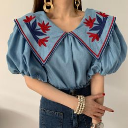 Women's Blouses & Shirts Denim Summer Vintage Big Turn-Down Collar Loose Blouse Tops Puff Short Sleeve Embroidery Flower Jeans S