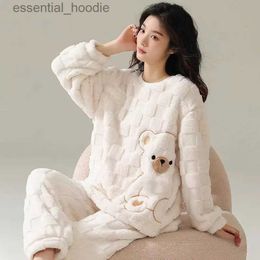 Women's Sleep Lounge INS Japan Bear Autumn Winter Warm Flannel Women Pyjamas Sets Thick Coral Velvet Soild Fleece Sleepwear Casual Flannel Homewear L231129