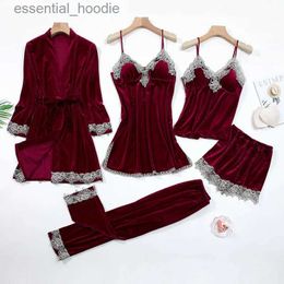 Women's Sleep Lounge Sexy Lace Nightwear Pyjamas Suit Intimate Lingerie Women Velour Sleep Set 5PCS Kimono Robe Velvet Soft Homewear Sleepwear L231129